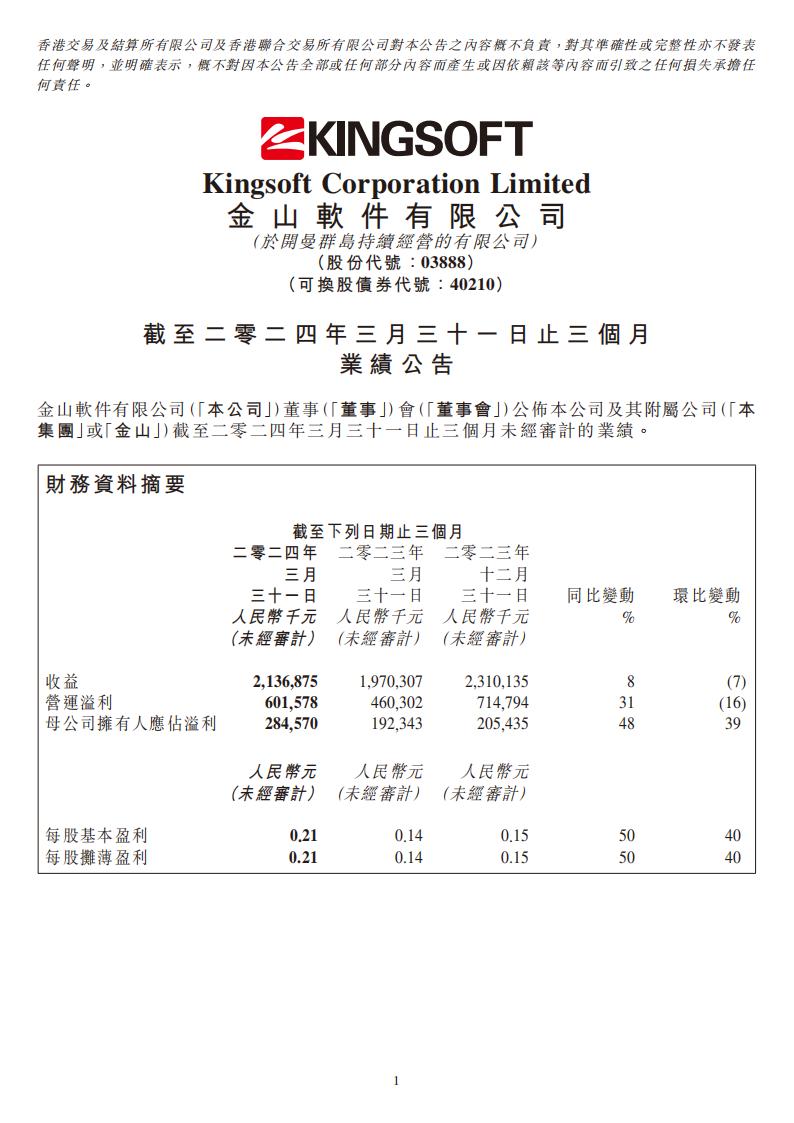 【游戏公司】金山软件2024Q1.pdf-游戏资讯社区-游戏星球-三米星球：游戏人&互联网人终身成长的平台
