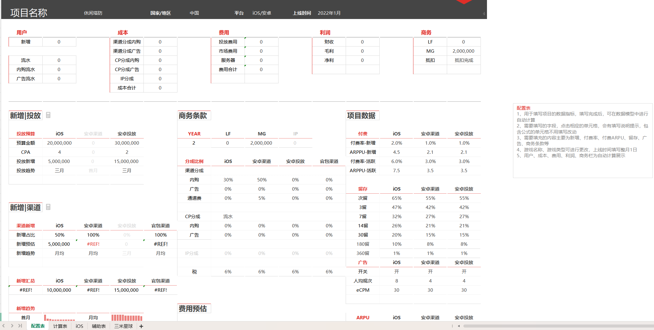 【数据分析】iOS渠道手游项目损益预估表-营收预估测算模板表格下载-游戏运营社区-游戏星球-三米星球：游戏人&互联网人终身成长的平台